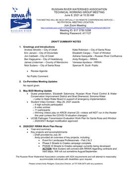 RUSSIAN RIVER WATERSHED ASSOCIATION TECHNICAL WORKING GROUP MEETING June 8, 2021 at 10:30 AM Join Zoom Meeting: Meeting ID