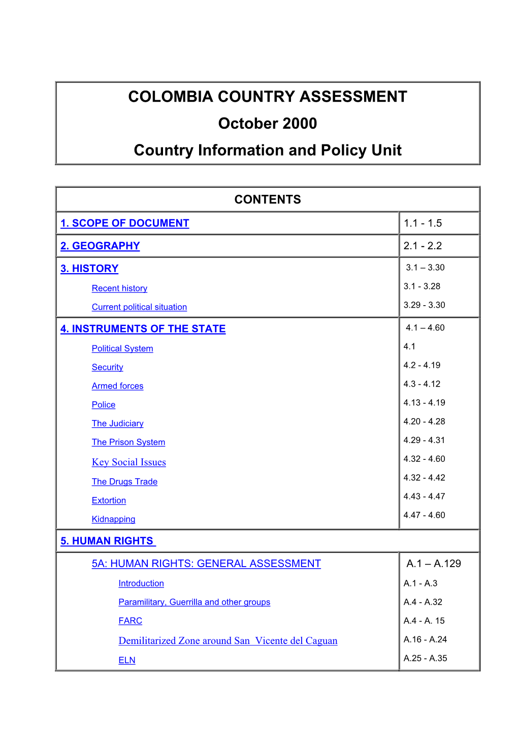 Colombia Country Assessment/Bulletins