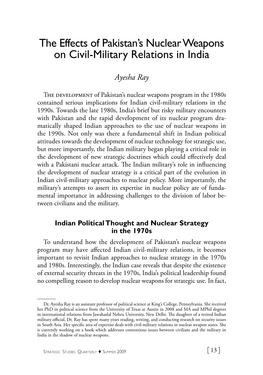 The Effects of Pakistan's Nuclear Weapons on Civil-Military Relations in India