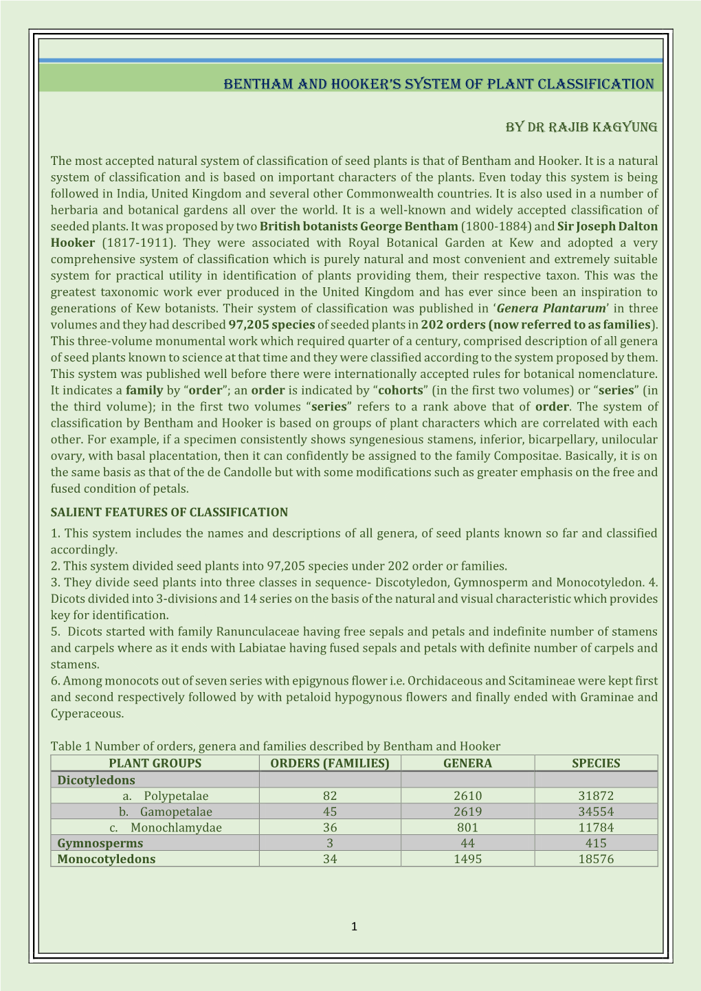 Bentham and Hooker's System of Plant Classification