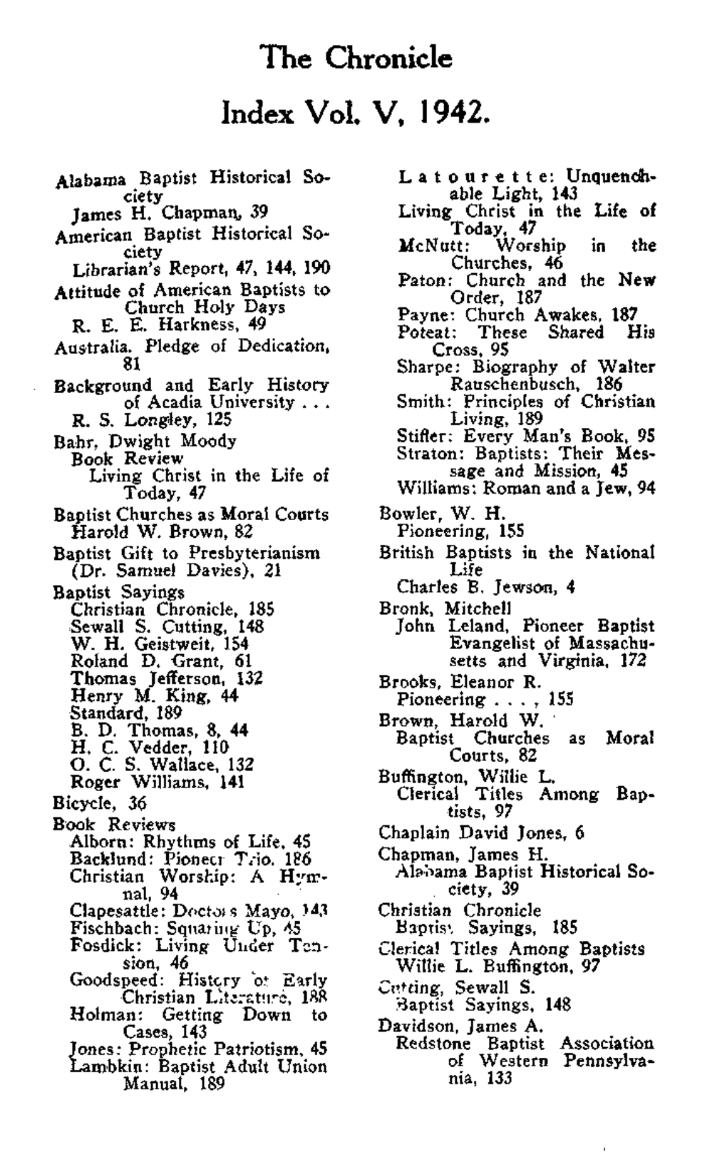 The Chronicle Index Vol. V, 1942