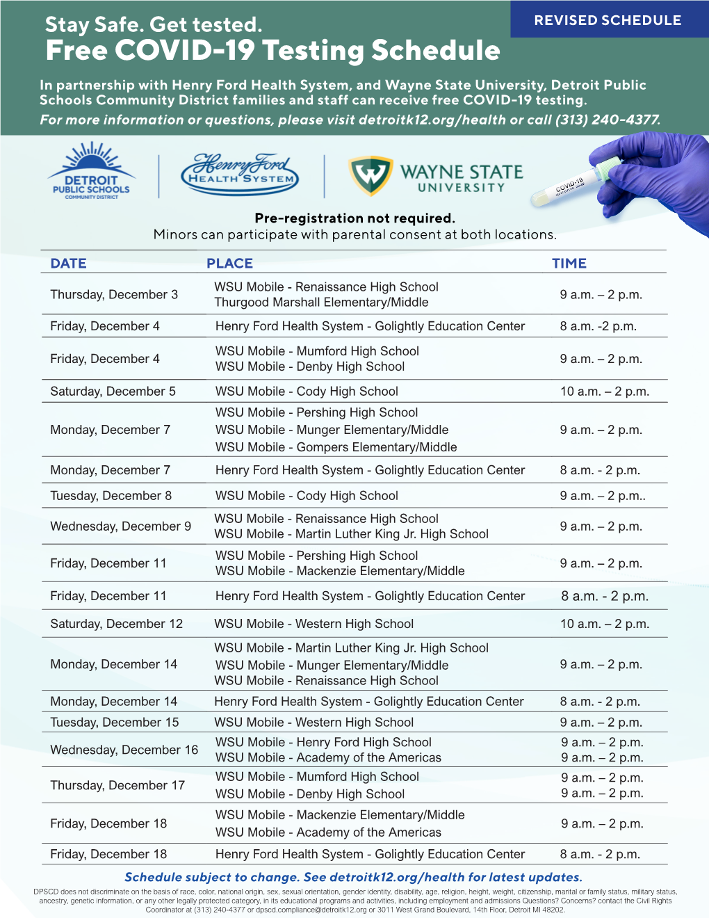 Free COVID-19 Testing Schedule