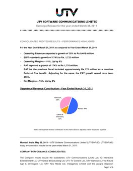 UTV SOFTWARE COMMUNICATIONS LIMITED Earnings Release for the Year Ended March 31, 2011