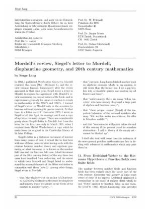 Mordell's Review, Siegel's Ietter to Mordell, Diophantine Geometry, and 20Th Century Mathematics by Serge Lang