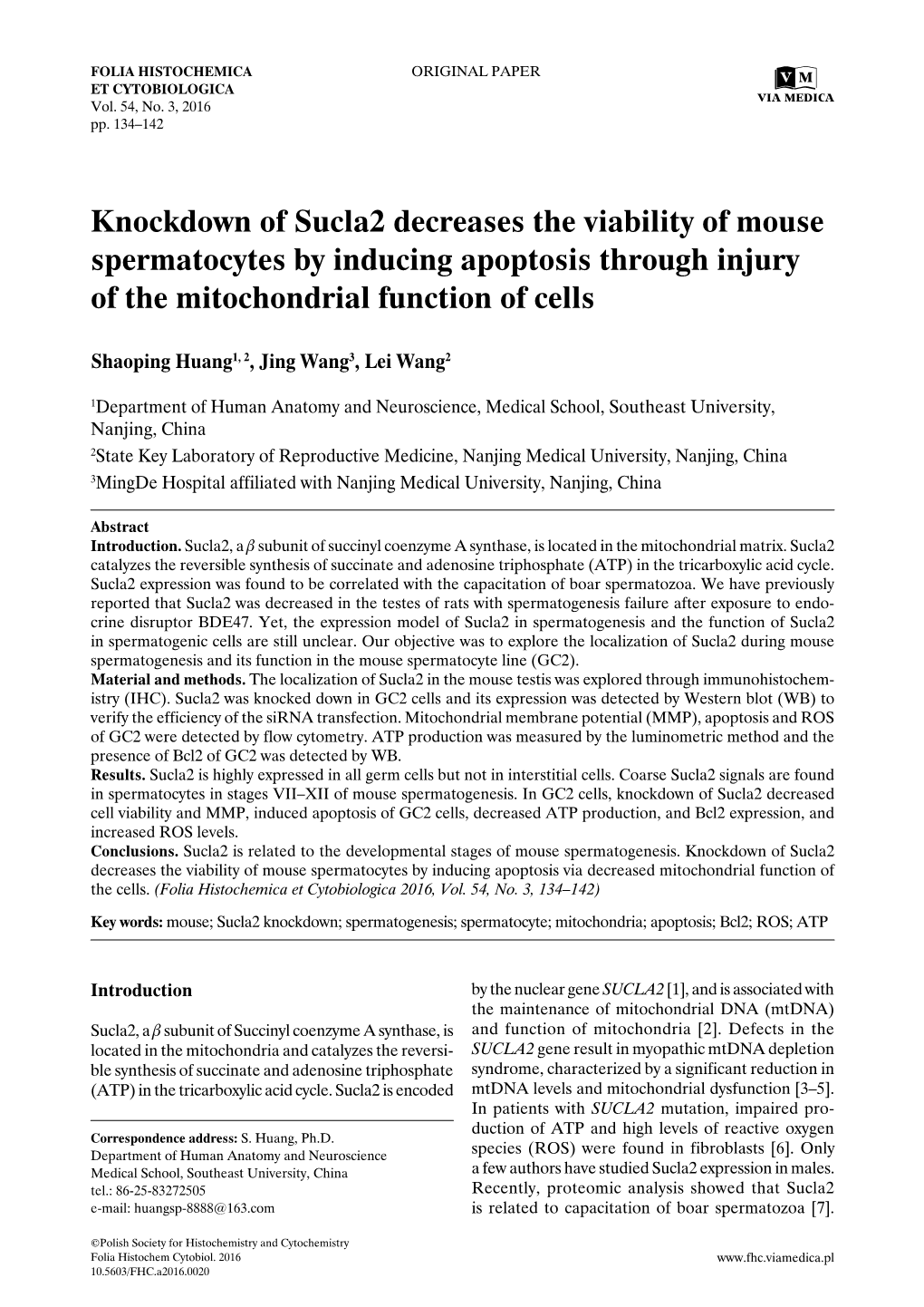 Knockdown of Sucla2 Decreases the Viability of Mouse Spermatocytes by Inducing Apoptosis Through Injury of the Mitochondrial Function of Cells