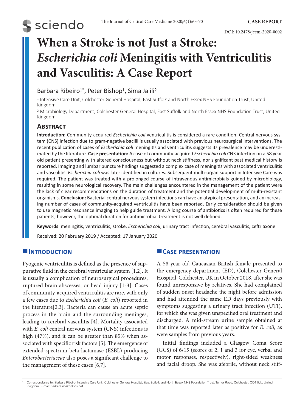 Escherichia Coli Meningitis with Ventriculitis and Vasculitis: a Case Report