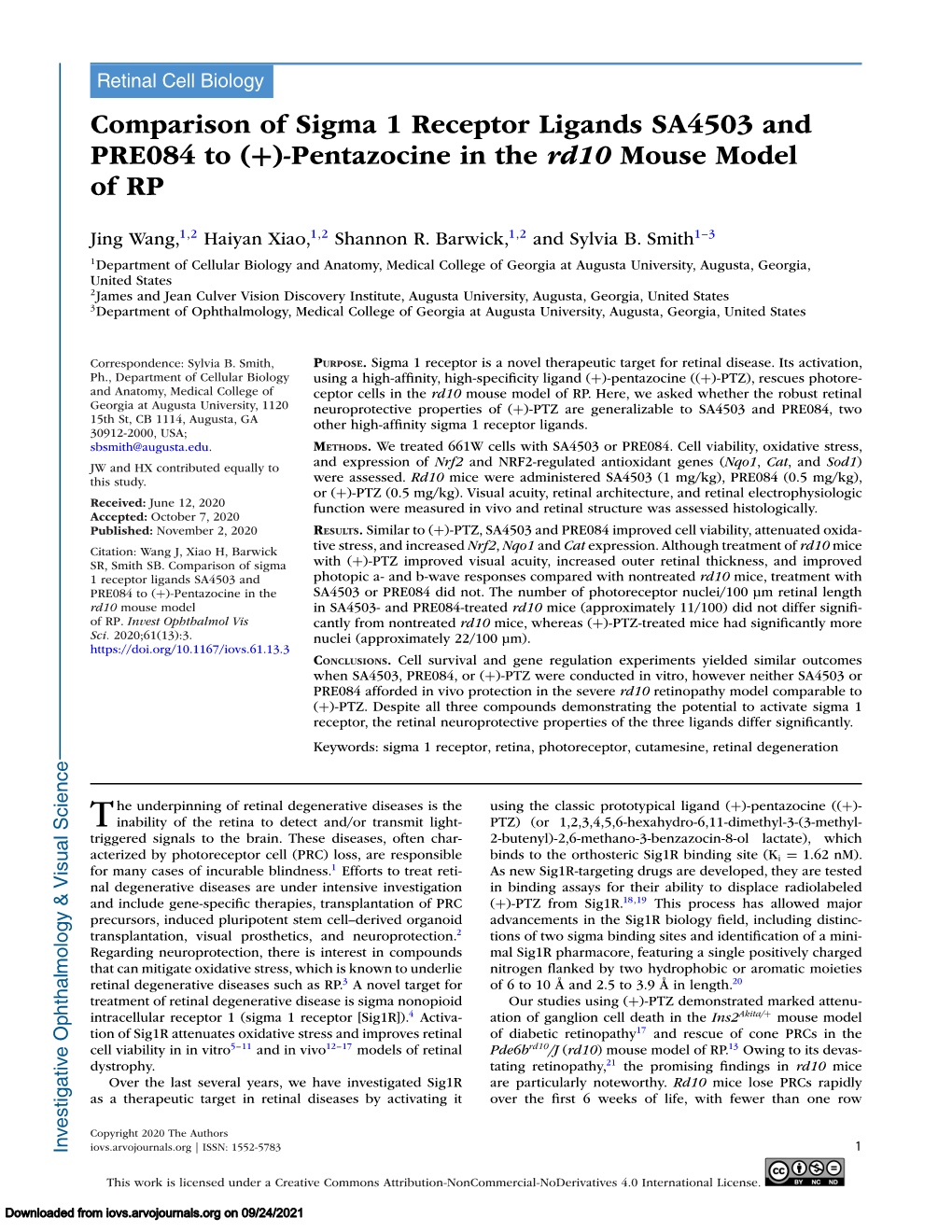 Comparison of Sigma 1 Receptor Ligands SA4503 and PRE084 to (+)-Pentazocine in the Rd10 Mouse Model of RP