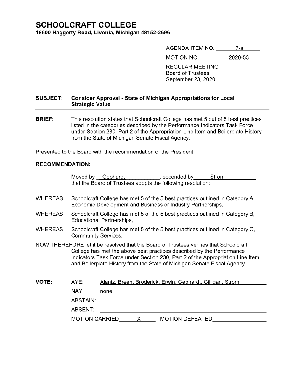 Michigan Appropriations and Local Strategic Value