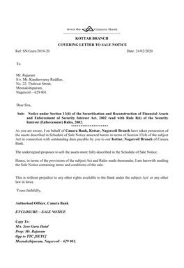 KOTTAR BRANCH COVERING LETTER to SALE NOTICE Ref: SN/Guru/2019-20 Date: 24/02/2020