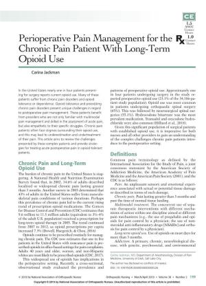 Perioperative Pain Management for the Chronic Pain Patient with Long-Term Opioid Use