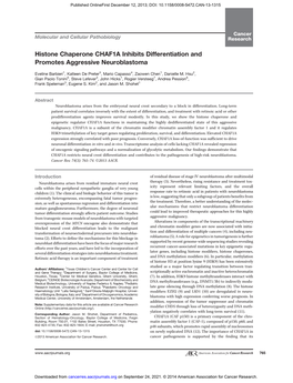 Histone Chaperone CHAF1A Inhibits Differentiation and Promotes Aggressive Neuroblastoma