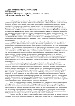 A LOOK at PEGMATITE CLASSIFICATIONS Skip Simmons Department of Geology and Geophysics, University of New Orleans, New Orleans, Louisiana 70148 USA