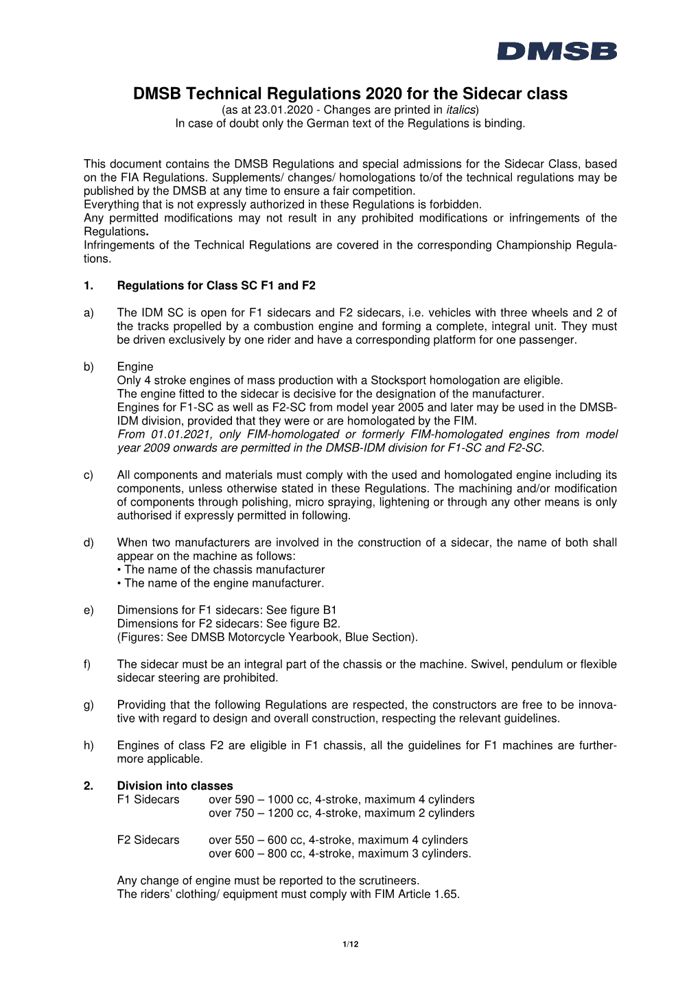 DMSB Technical Regulations 2020 for the Sidecar Class