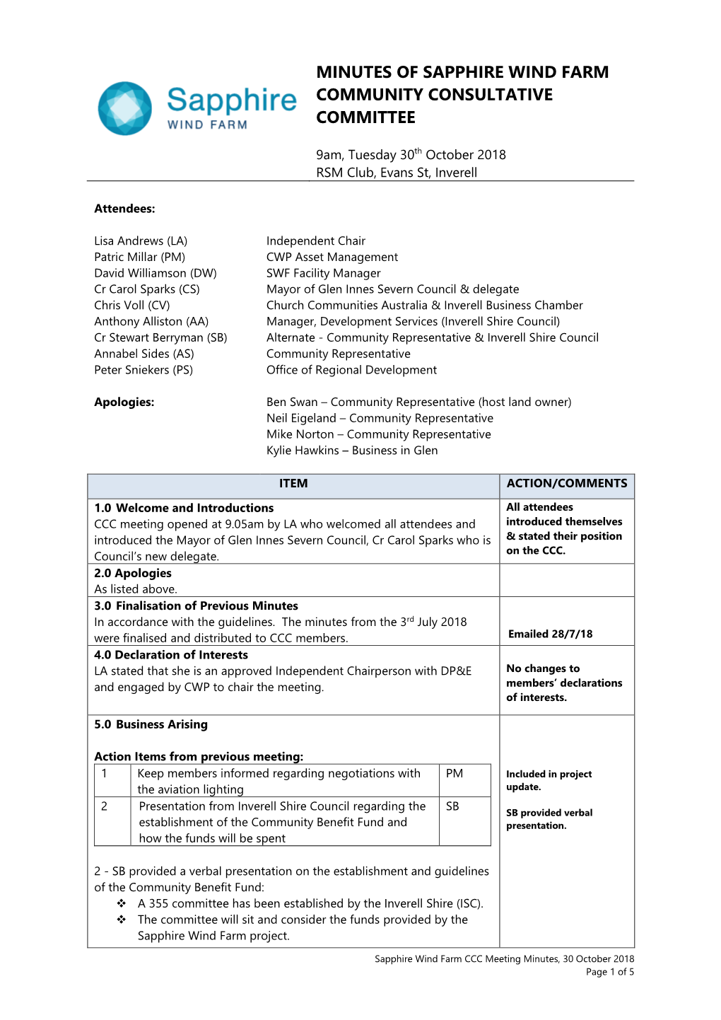 Minutes of Sapphire Wind Farm Community Consultative Committee