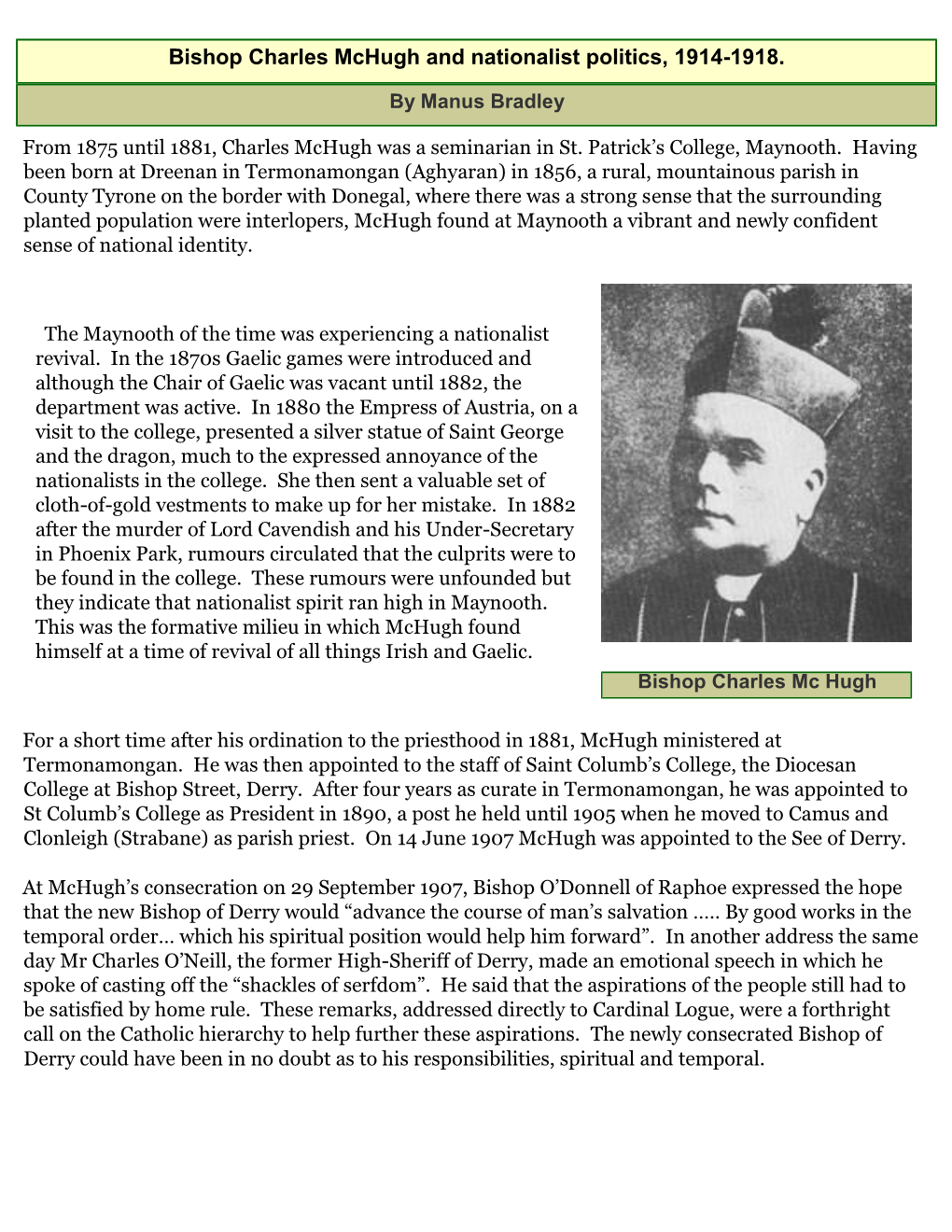 Bishop Charles Mchugh and Nationalist Politics, 1914-1918