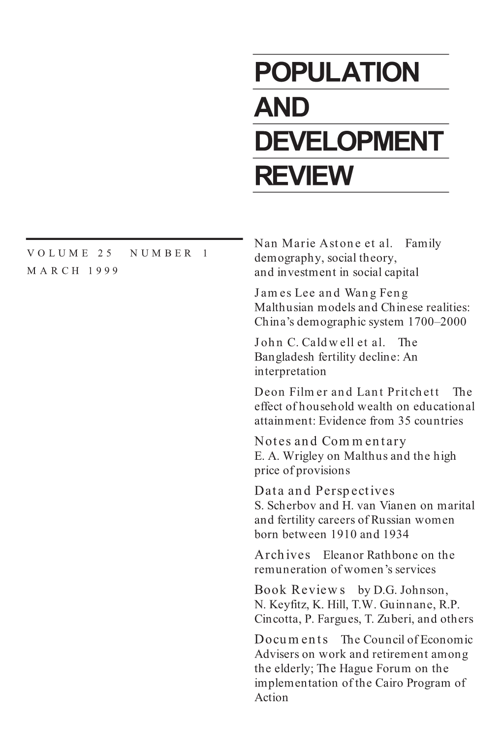 Populationa Nd Development Review, Volume 25, Number 1