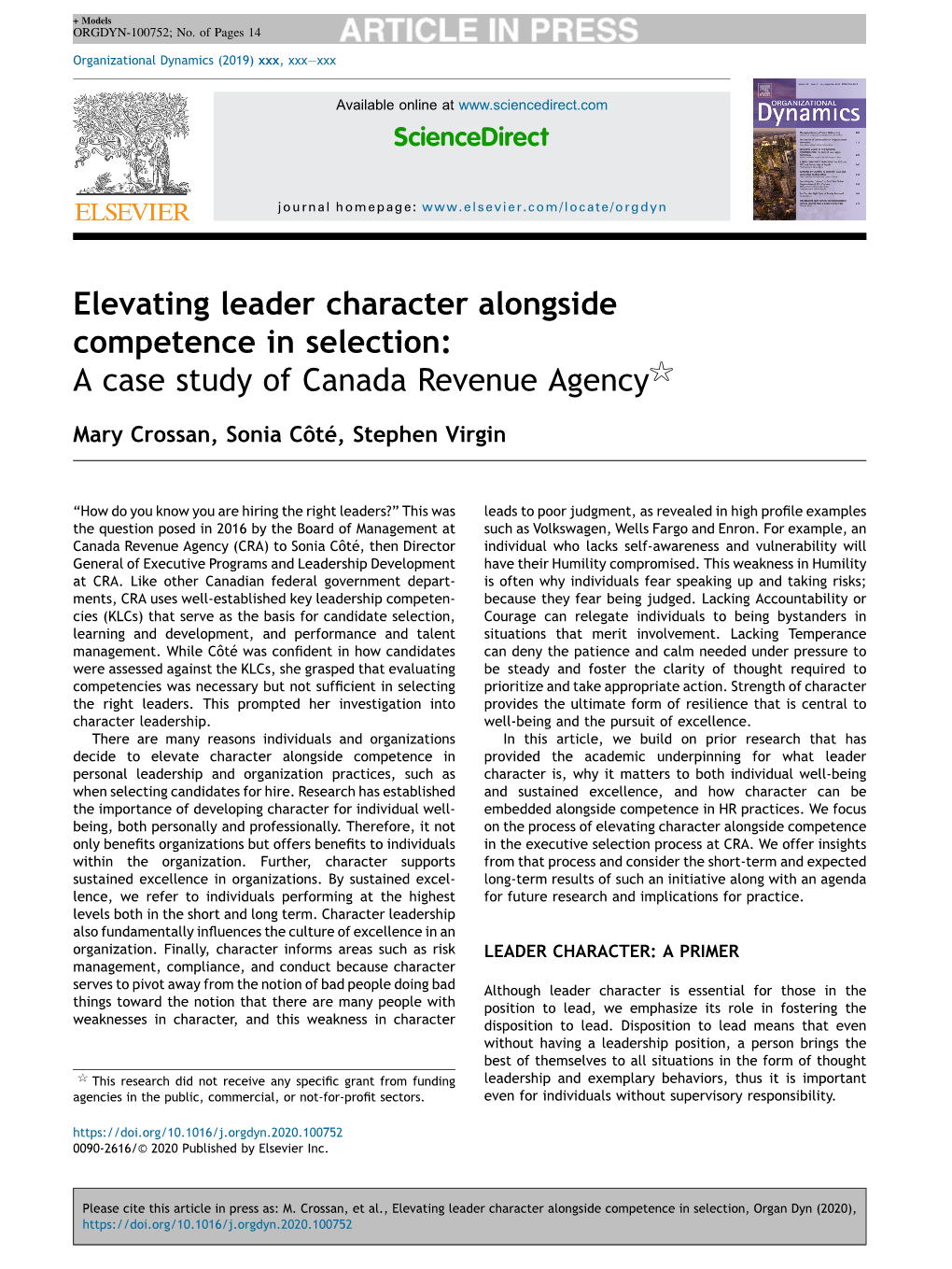 Elevating Leader Character Alongside Competence in Selection