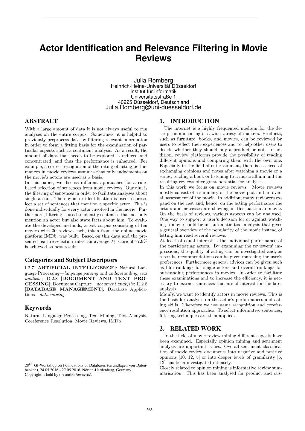 Actor Identification and Relevance Filtering in Movie Reviews