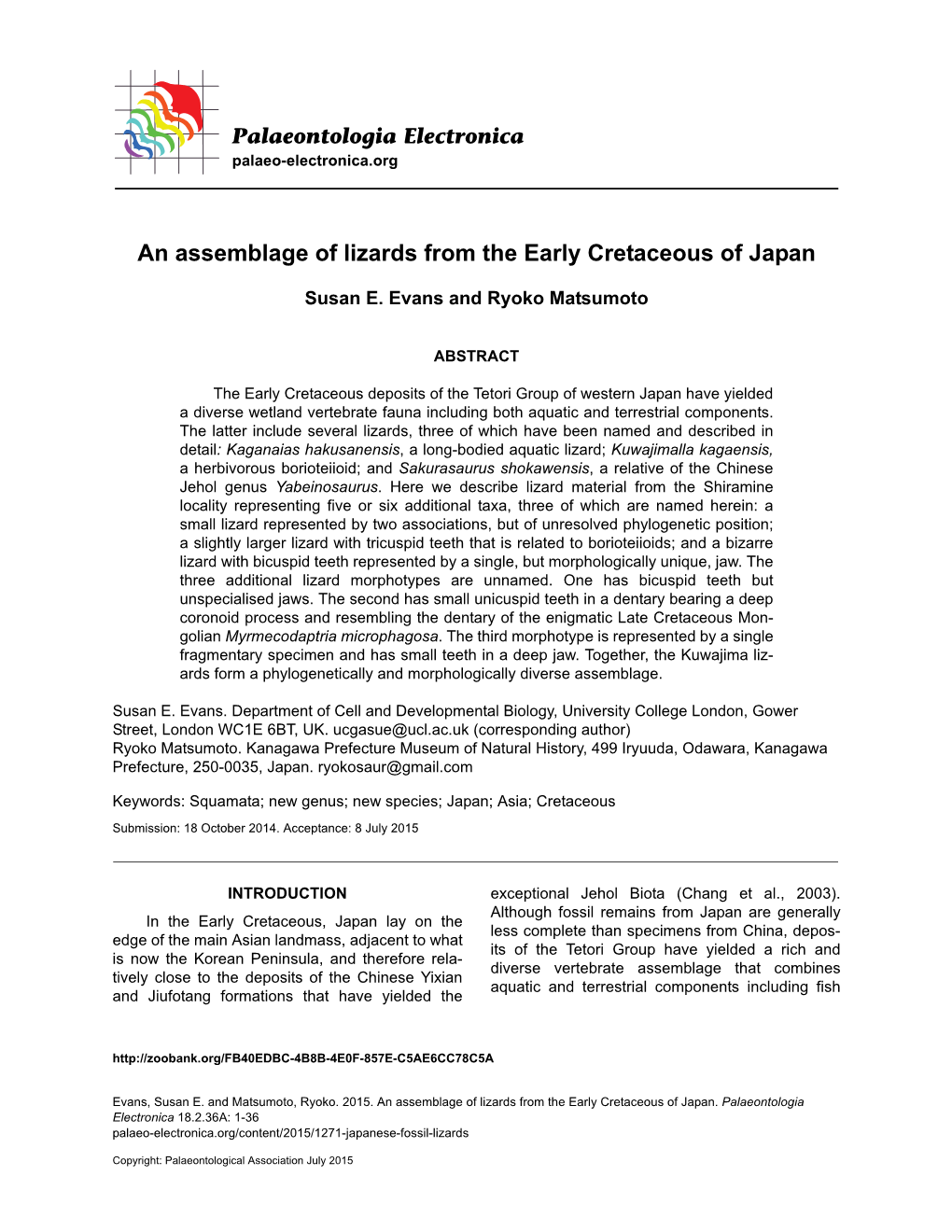 An Assemblage of Lizards from the Early Cretaceous of Japan