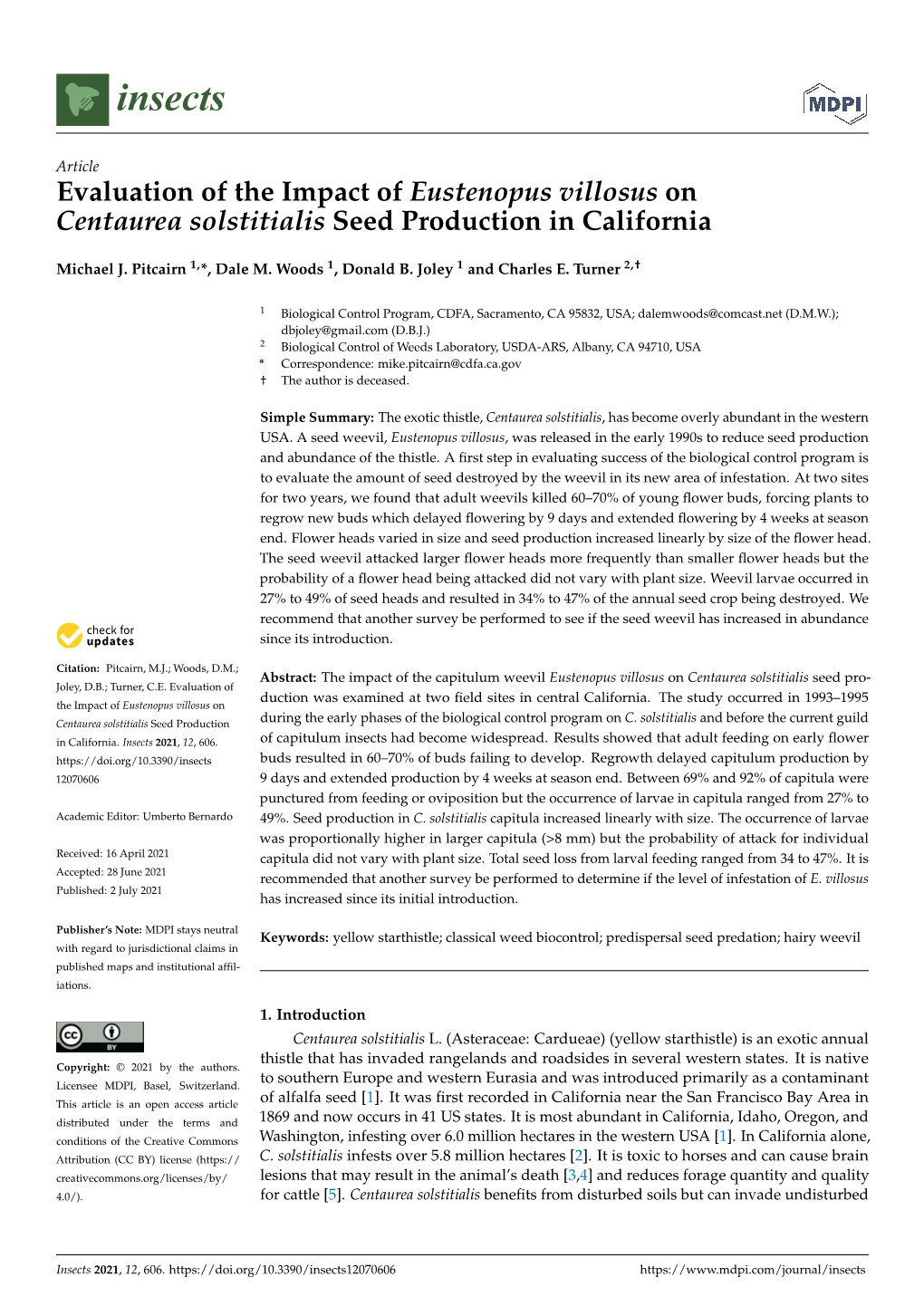 Evaluation of the Impact of Eustenopus Villosus on Centaurea Solstitialis Seed Production in California