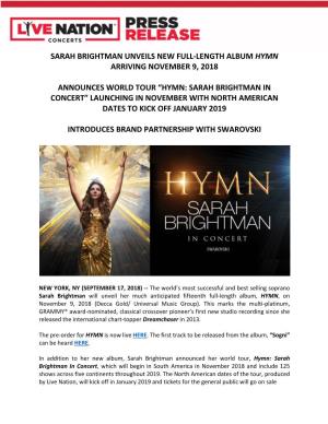 Hymn: Sarah Brightman in Concert” Launching in November with North American Dates to Kick Off January 2019