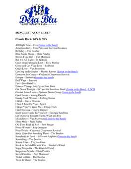 SONG LIST AS of 4/13/17 Classic Rock- 60'S & 70'S