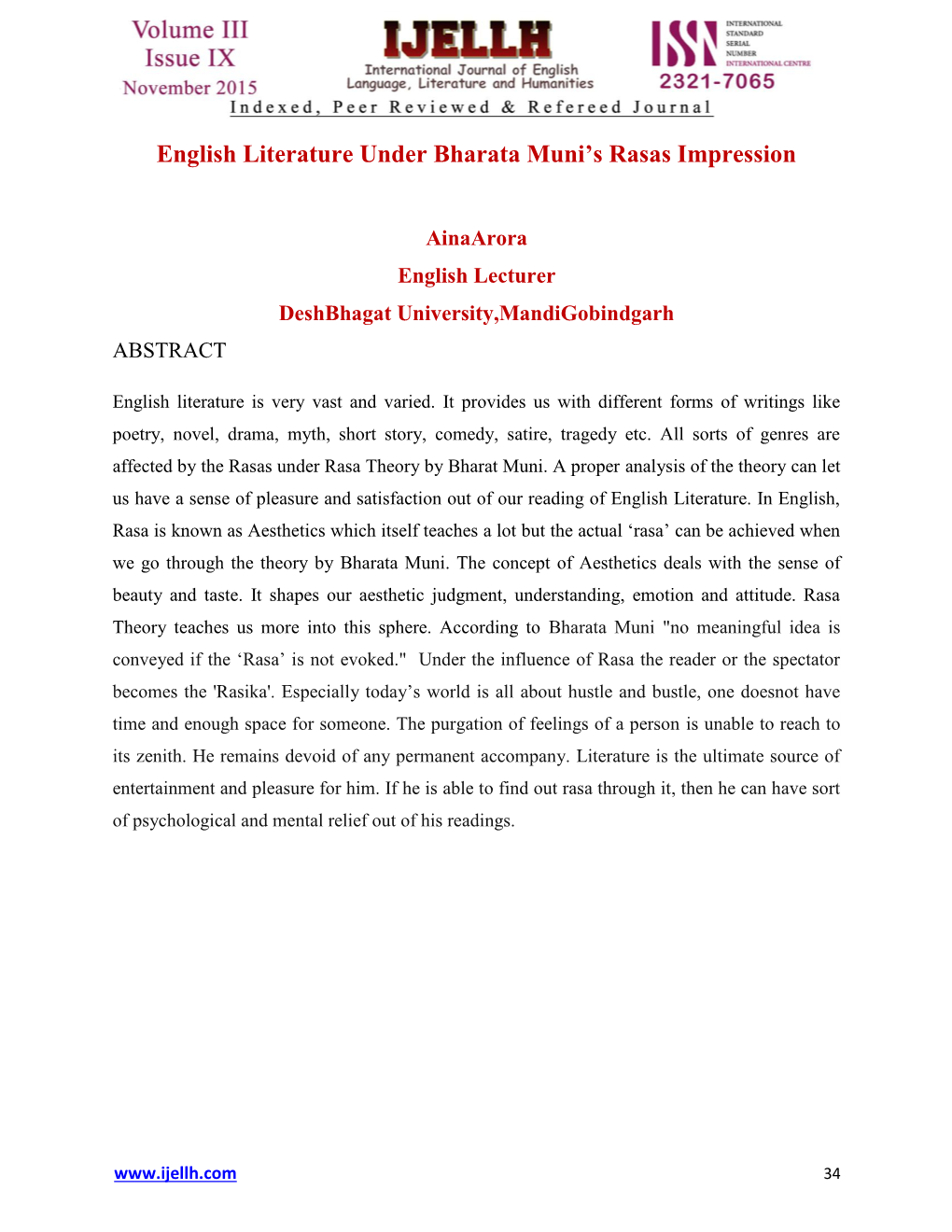 English Literature Under Bharata Muni's Rasas Impression