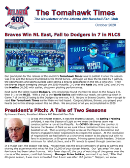 The Newsletter of the Atlanta 400 Baseball Fan Club October 2020