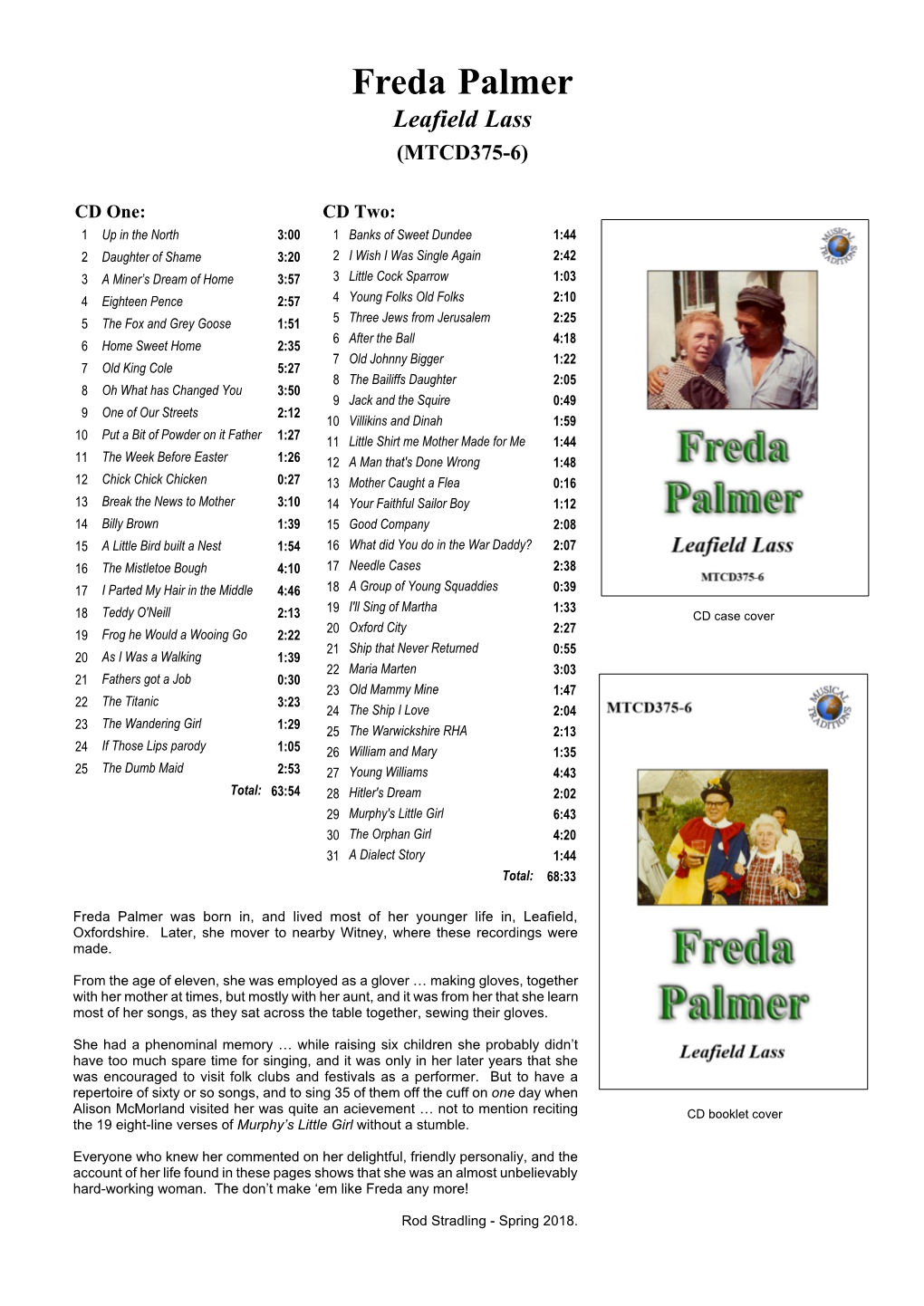 Freda Palmer Leafield Lass (MTCD375-6)