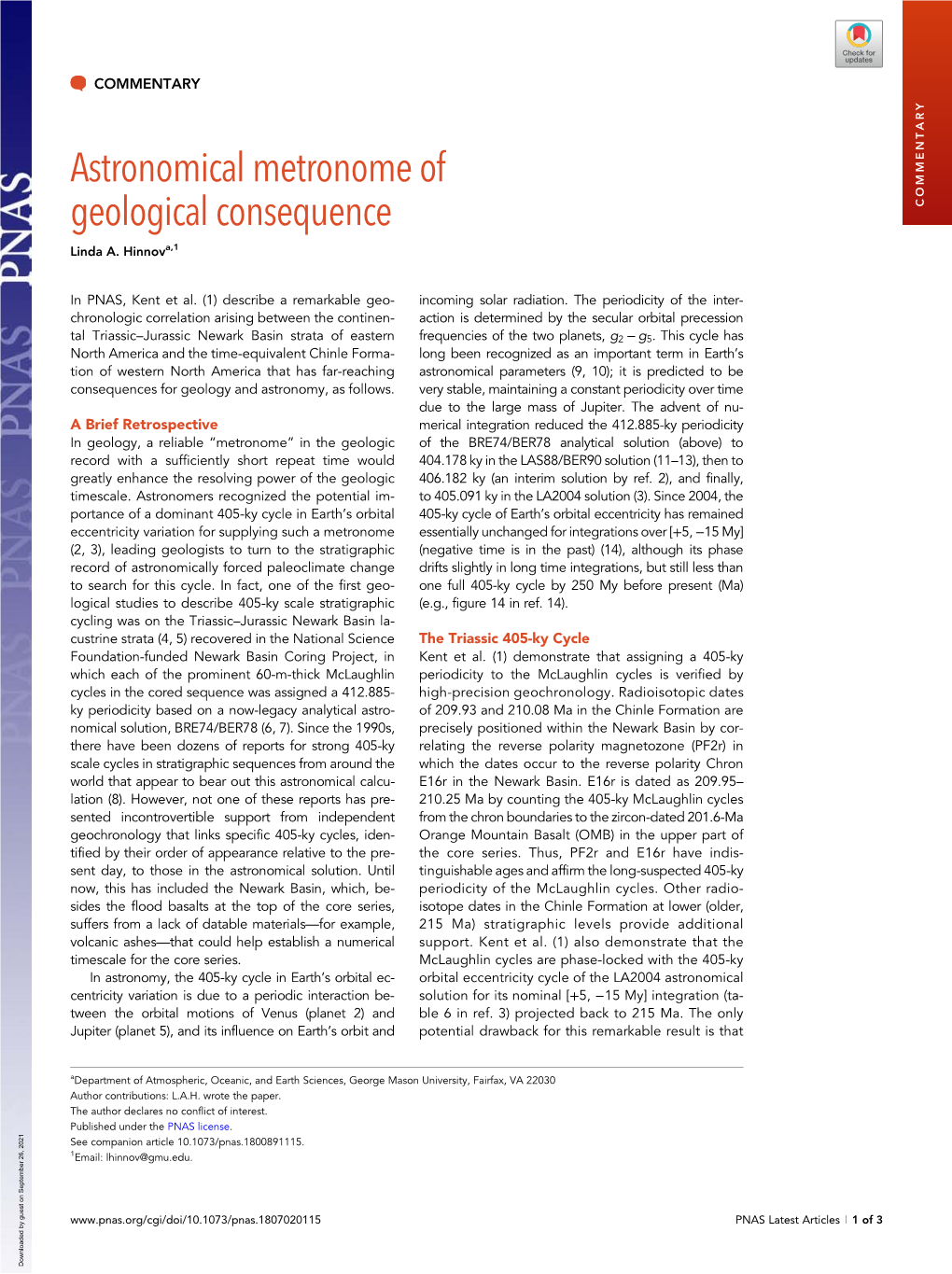 Astronomical Metronome of Geological Consequence COMMENTARY Linda A