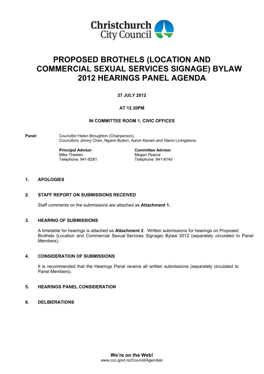 Proposed Brothels (Location and Commercial Sexual Services Signage) Bylaw 2012 Hearings Panel Agenda