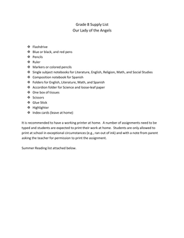 Grade 8 Supply List Our Lady of the Angels