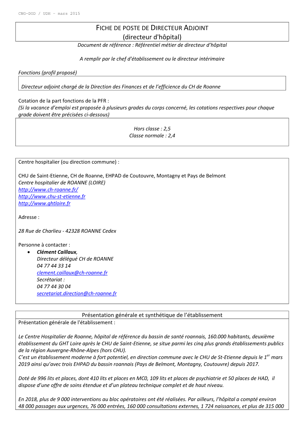 FICHE DE POSTE DE DIRECTEUR ADJOINT (Directeur D'hôpital) Document De ...