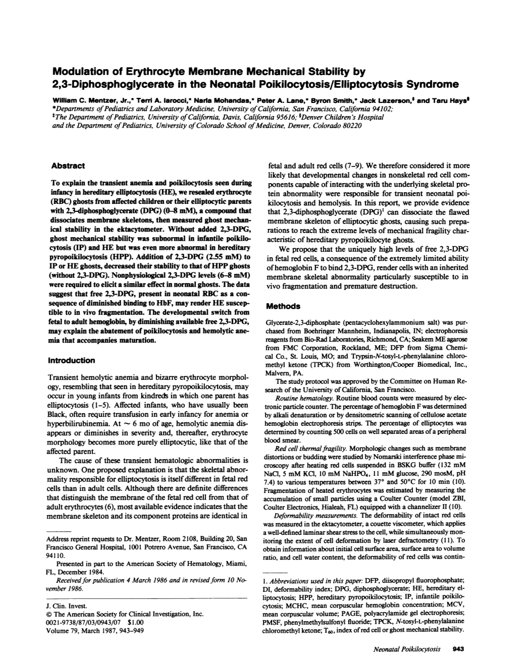 Modulation of Erythrocyte Membrane Mechanical Stability by 2,3-Diphosphoglycerate in the Neonatal Poikilocytosis/Elliptocytosis Syndrome William C