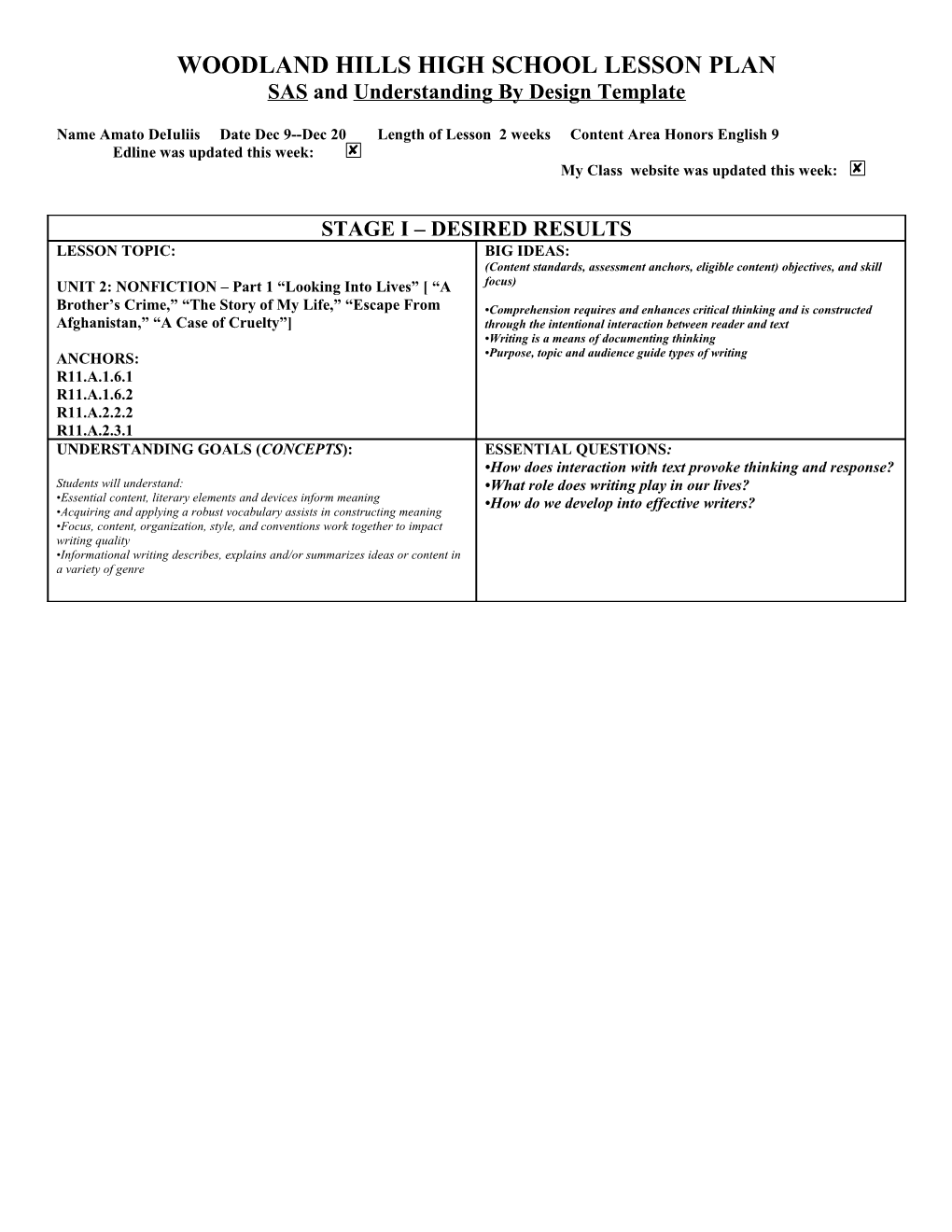 Woodland Hills High School Lesson Plan s19