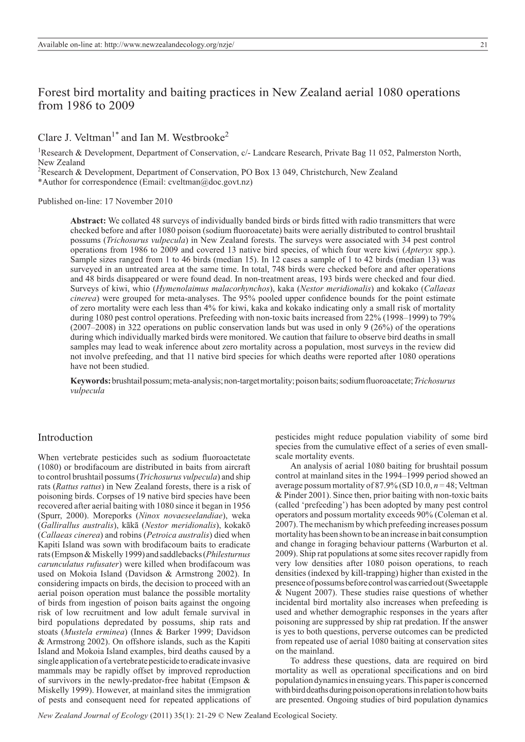 Forest Bird Mortality and Baiting Practices in New Zealand Aerial 1080 Operations from 1986 to 2009