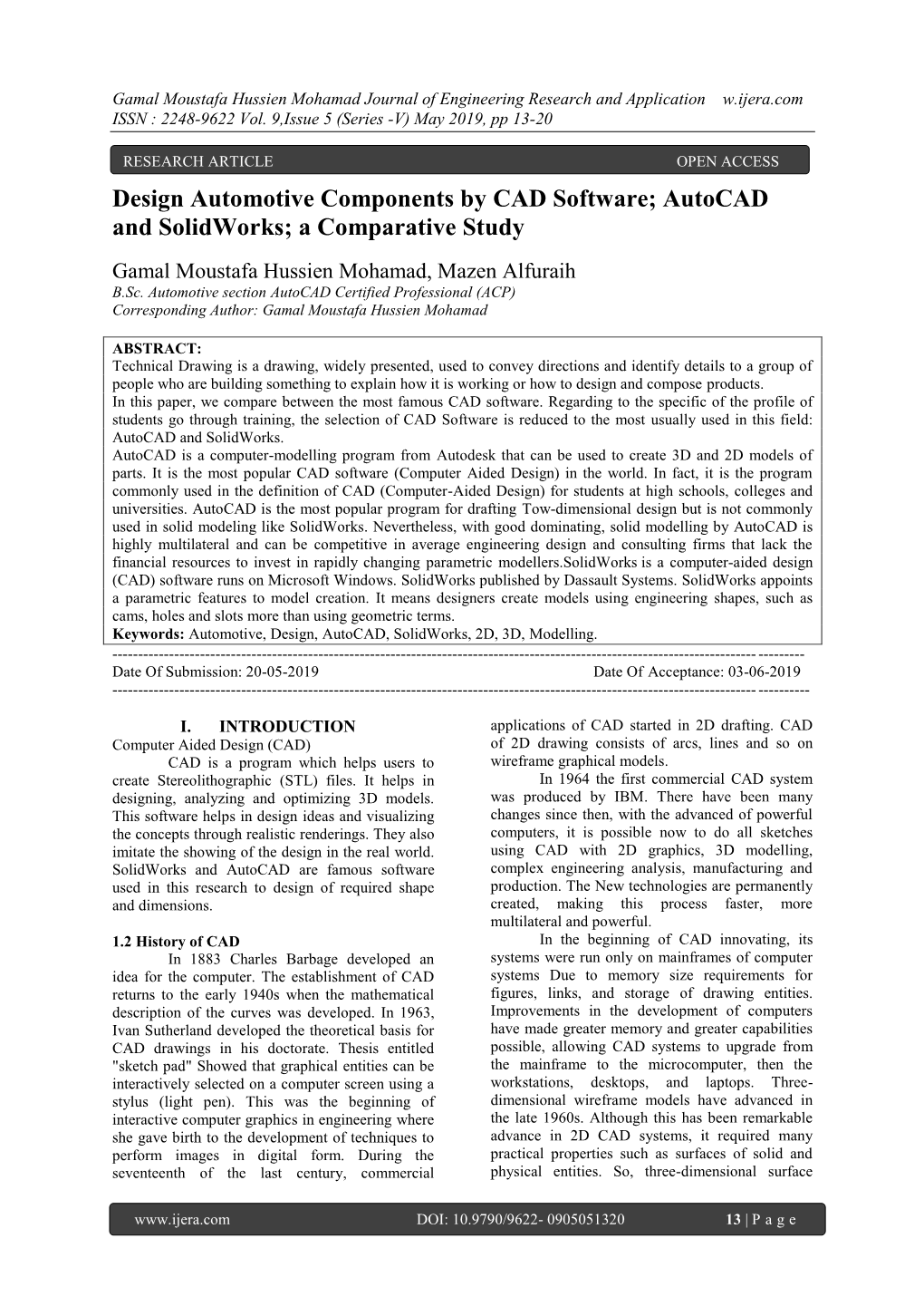 Design Automotive Components by CAD Software; Autocad and Solidworks; a Comparative Study