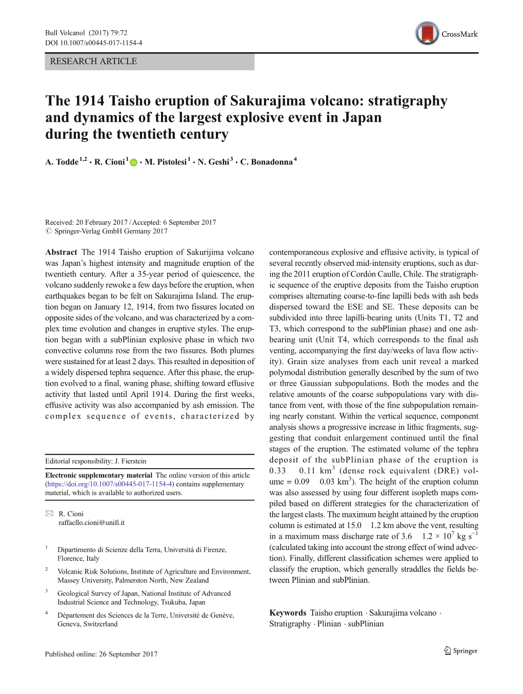 The 1914 Taisho Eruption of Sakurajima Volcano: Stratigraphy and Dynamics of the Largest Explosive Event in Japan During the Twentieth Century