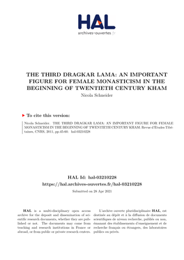 THE THIRD DRAGKAR LAMA: an IMPORTANT FIGURE for FEMALE MONASTICISM in the BEGINNING of TWENTIETH CENTURY KHAM Nicola Schneider