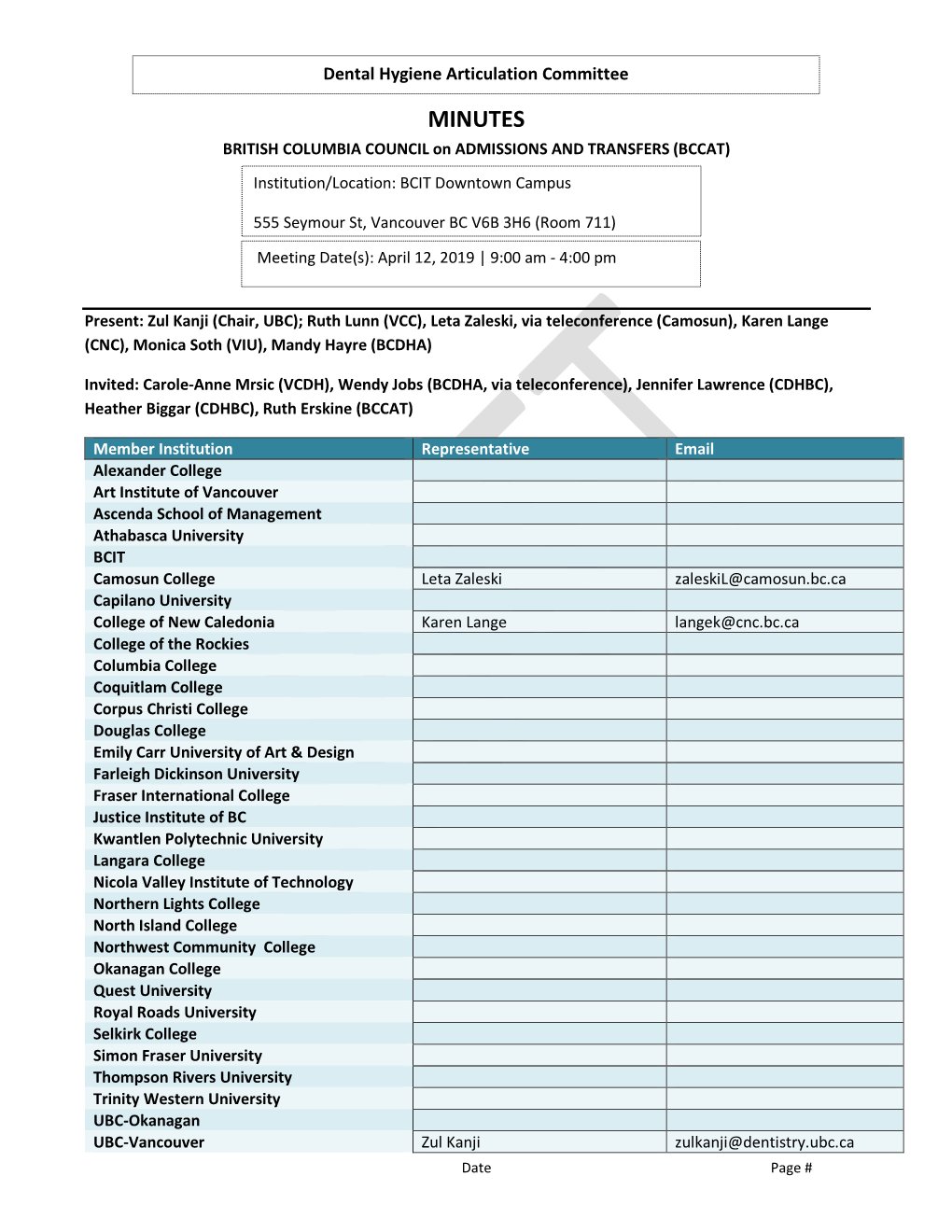 MINUTES BRITISH COLUMBIA COUNCIL on ADMISSIONS and TRANSFERS (BCCAT)