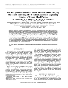 Leu-Enkephalin Generally Labeled with Tritium in Studying the Selank Inhibiting Effect on the Enkephalin-Degrading Enzymes of Human Blood Plasma Yu