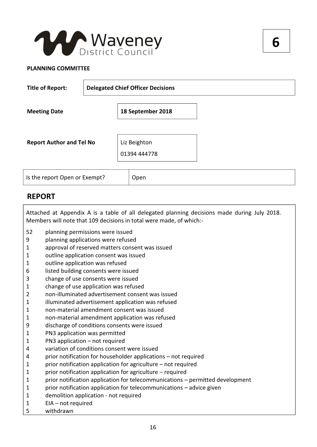 Item 6 1 Delegated Chief Officer Report July 2018