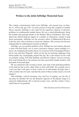 Preface to the John Selfridge Memorial Issue