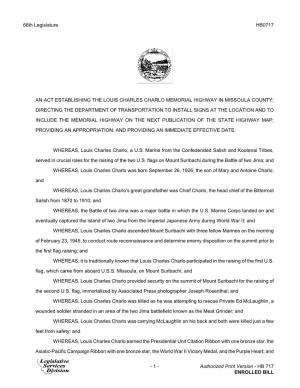 66Th Legislature HB0717 an ACT ESTABLISHING the LOUIS CHARLES CHARLO MEMORIAL HIGHWAY in MISSOULA COUNTY; DIRECTING the DEPARTME