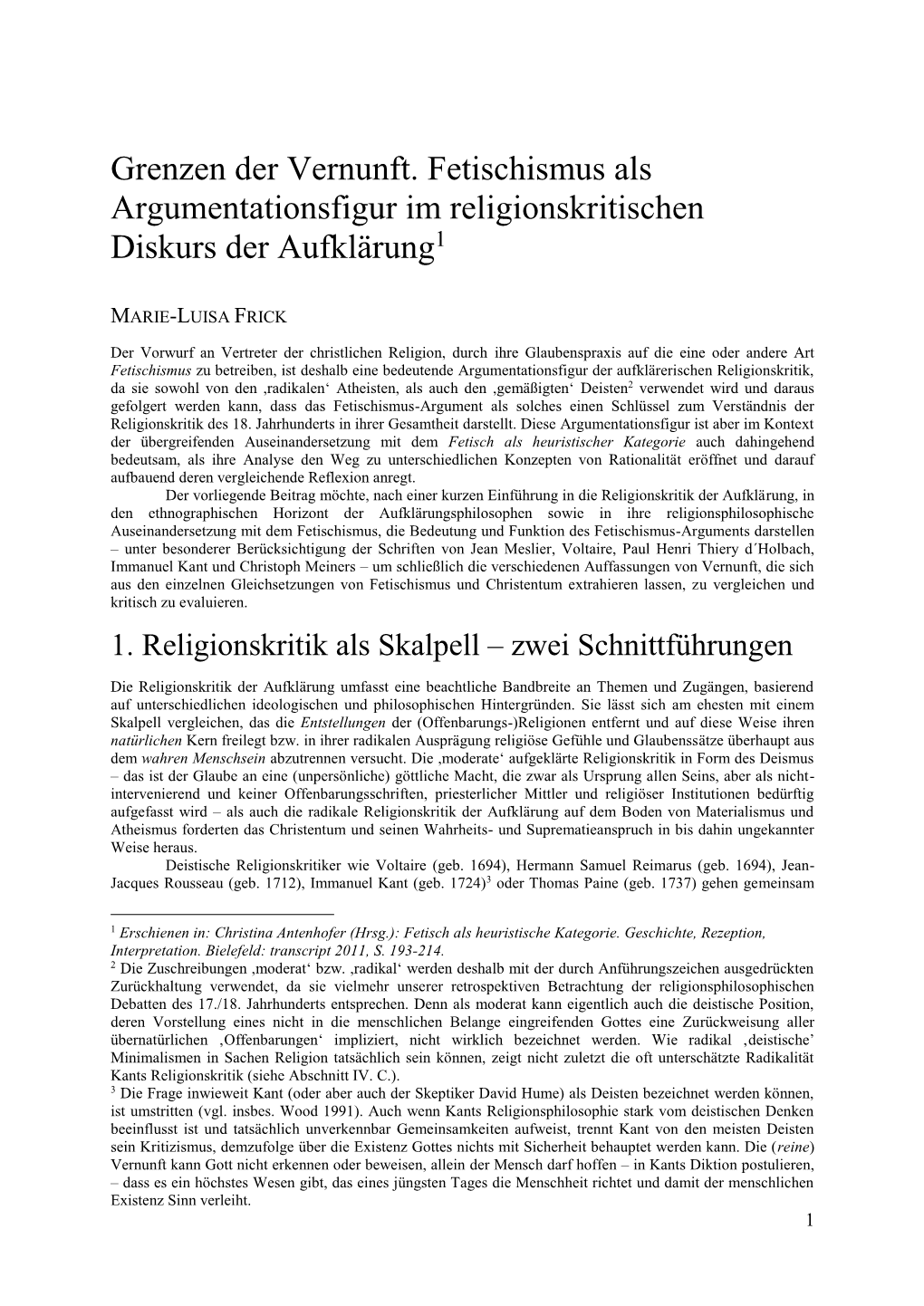 Grenzen Der Vernunft. Fetischismus Als Argumentationsfigur Im Religionskritischen Diskurs Der Aufklärung1