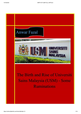 The Birth and Rise of Universiti Sains Malaysia (USM) - Some Ruminations