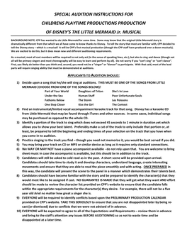 SPECIAL AUDITION INSTRUCTIONS for CHILDRENS PLAYTIME PRODUCTIONS PRODUCTION of DISNEY's the LITTLE MERMAID Jr. MUSICAL