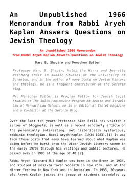 An Unpublished 1966 Memorandum from Rabbi Aryeh Kaplan Answers Questions on Jewish Theology