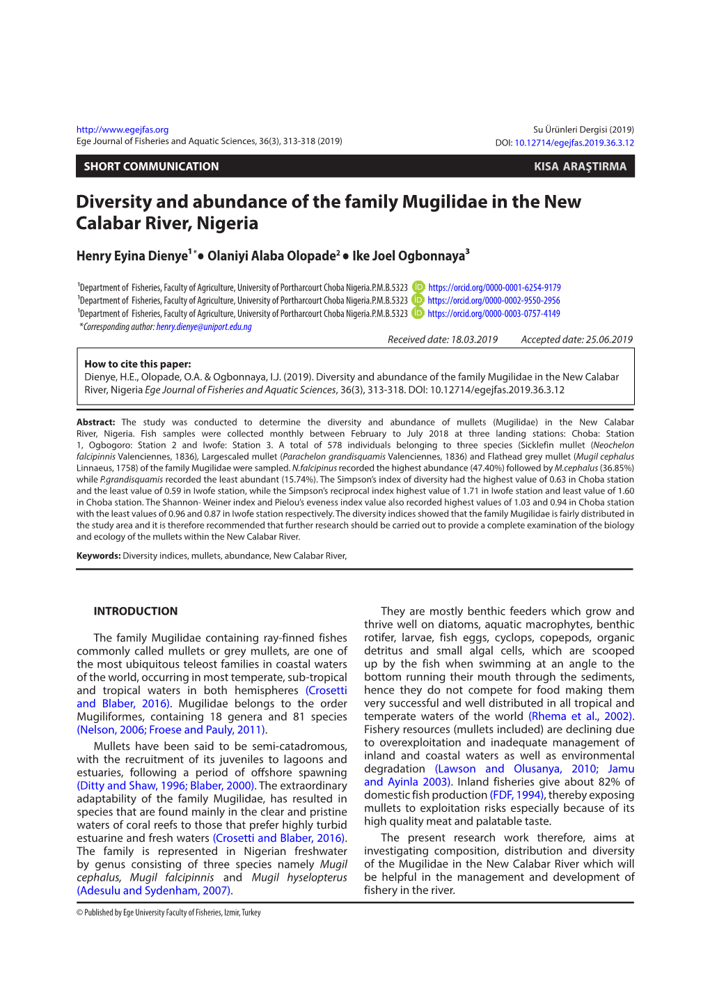 Diversity and Abundance of the Family Mugilidae in the New Calabar River, Nigeria