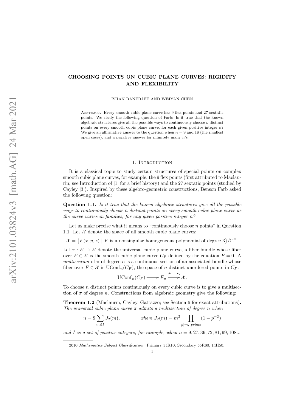 Arxiv:2101.03824V3 [Math.AG] 24 Mar 2021 to Choose N Distinct Points Continuously on Every Cubic Curve Is to Give a Multisec- Tion of Π of Degree N